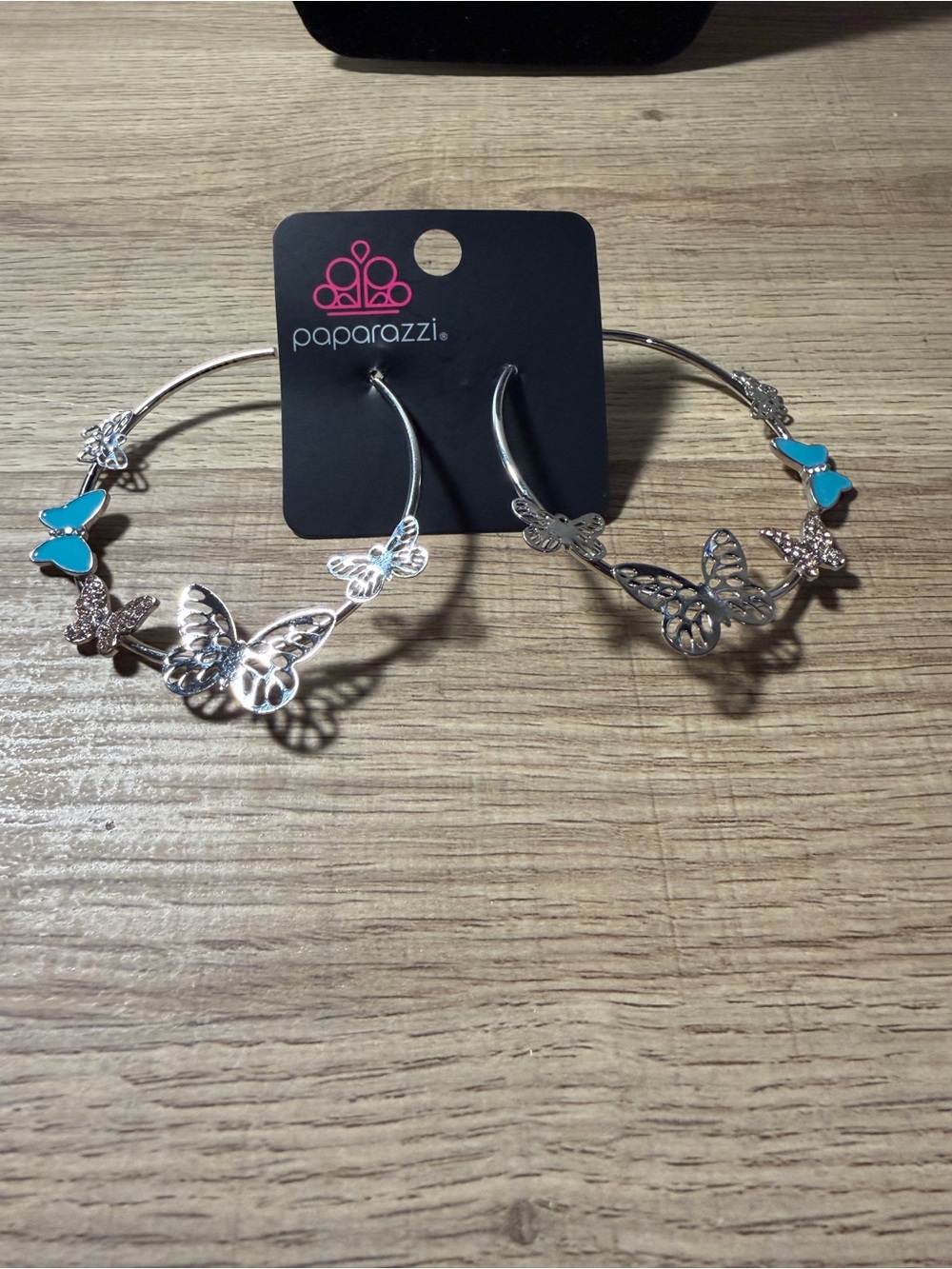 Paparazzi Silver Hoop Earrings with Turquoise Butterfly Accents